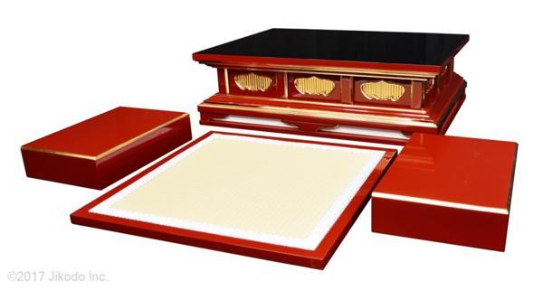 入荷実績 【寺院仏具】朱塗り　座用登高座(密壇)4点セット 幅90センチ 安心の自社工場製作品　国産高級木製寺院仏具(受注生産品)(商品番号10134s)