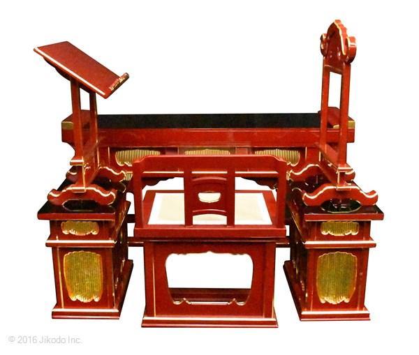 【寺院仏具】朱塗り 前机付き椅子型登高座6点セット(脇机二重) 国内自社工場製作品(受注生産品)(商品番号10089s)