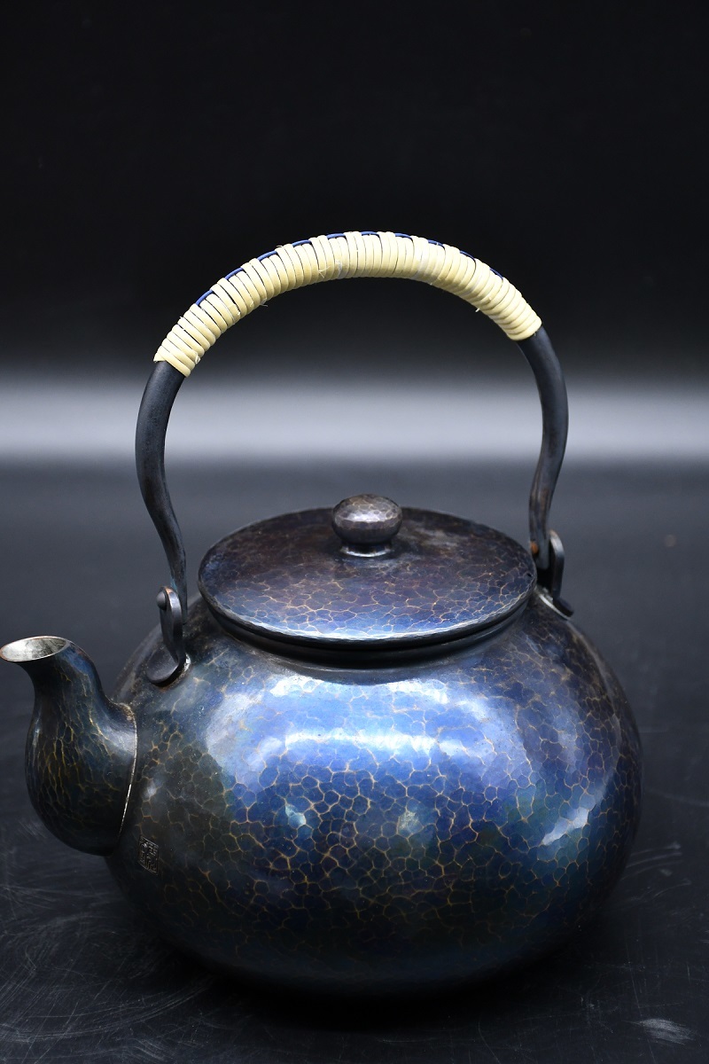 A9-42 玉川堂 紫金色鎚肌 銅製茶器揃 茶托 茶筒 湯沸 水注 建水 銅器