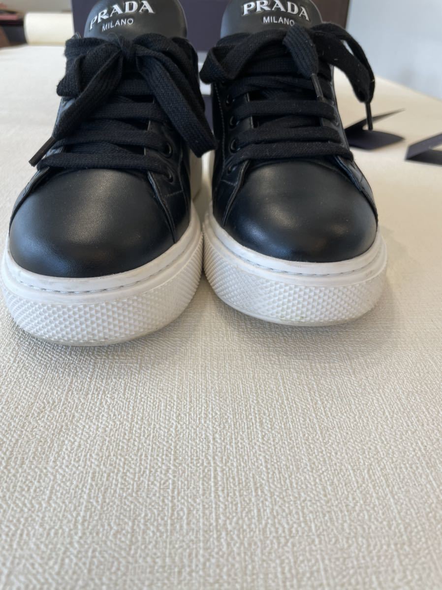 ◇PRADA(プラダ) ロゴ厚底レザースニーカー 黒 ブラック BLACK 36