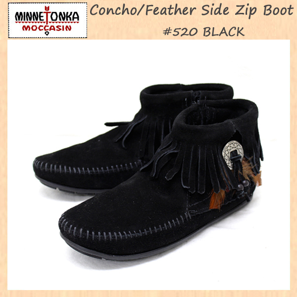 MINNETONKA(ミネトンカ) Concho Feather Side Zip Boot(コンチョフェザーサイドジップブーツ)#520 BLACK レディースMT045-5(約22cm)_ミネトンカConchoFeatherSideZipBoot#520BL