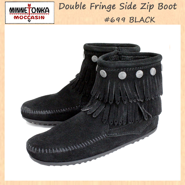 MINNETONKA(ミネトンカ)Double Fringe Side Zip Boot(ダブルフリンジ サイドジップブーツ)#699 BLACK レディース MT017-5(約22cm)