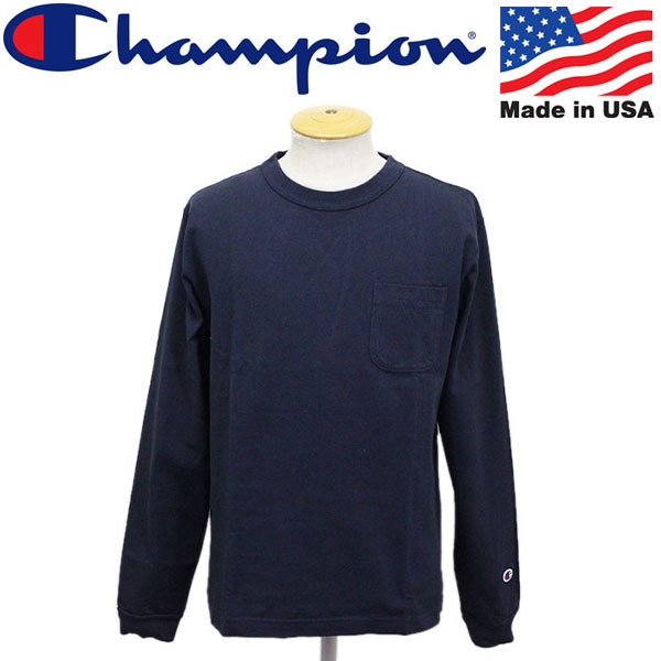 Champion (チャンピオン) C5-P401 LONG SLEEVE T-SHIRT ポケット付き ロングスリーブTシャツ アメリカ製 CN044 370ネイビー L