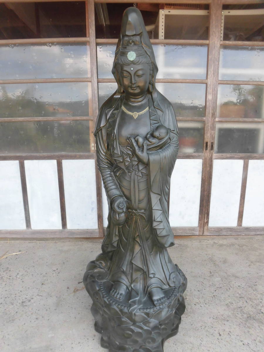 大型・美品> 子安観音立像 木彫り・一刀彫 <高さ 101㎝> 22915