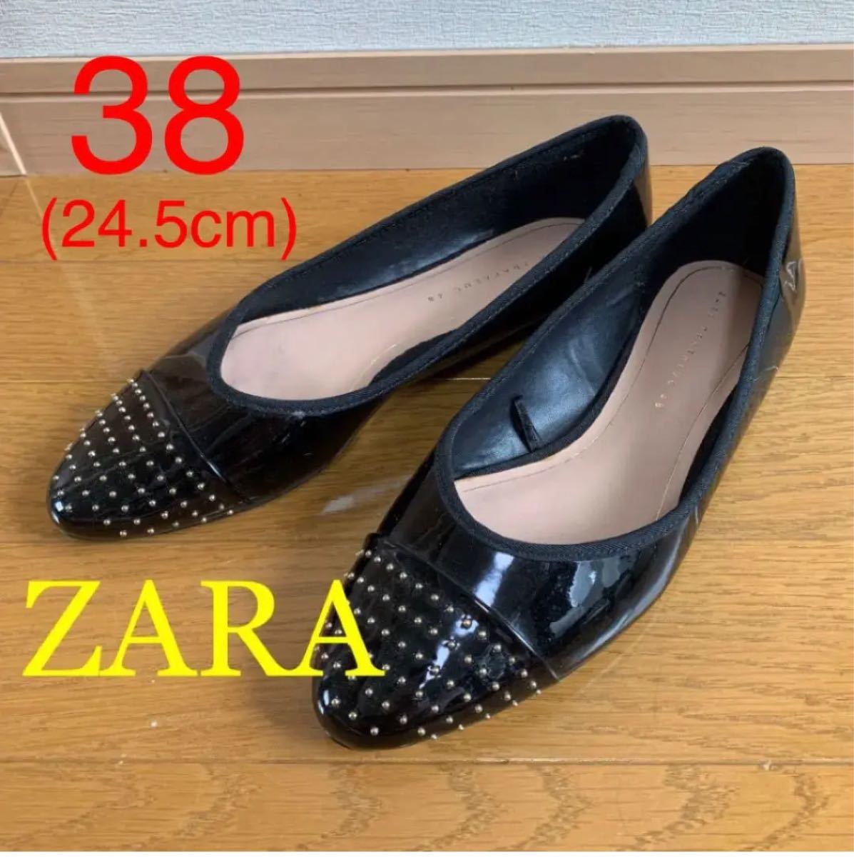 ZARA エナメルフラットパンプス スタッズ フラットシューズ