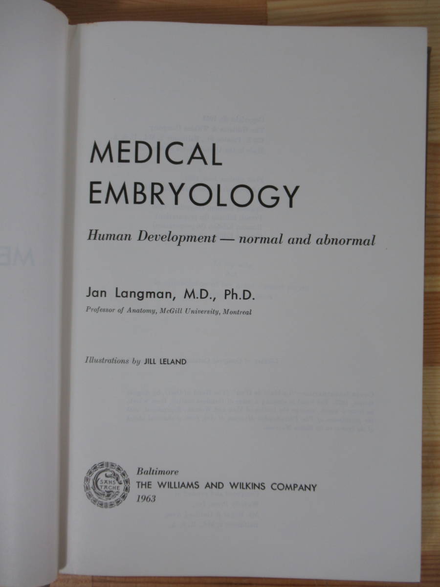 T94▽洋書 MEDICAL EMBRYOLOGY 初版 ラングマン JanLangman 人体発生学 1963年 医学書 220917の画像4