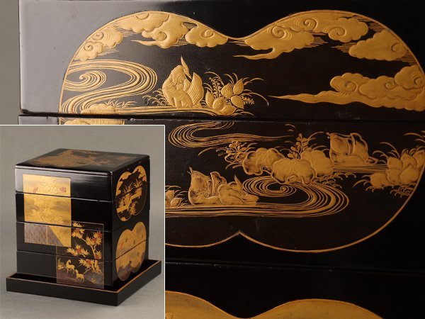 Yahoo!オークション - 【流】木製漆器 蒔絵四段重箱 台付 箱付 DD206 Yahoo!オークション - 【流】木製漆器 蒔絵四段重箱 台付 箱付 DD206