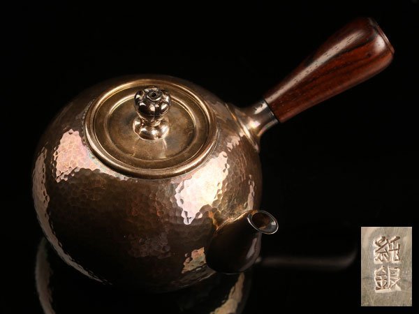 流】煎茶道具 純銀製唐木持手横手急須 重量170g KG102
