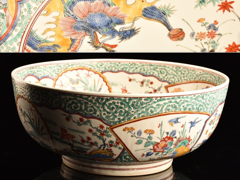 流】古美術品 古伊万里 柿右衛門様式 色絵龍虎図大鉢 幅40cm TG588