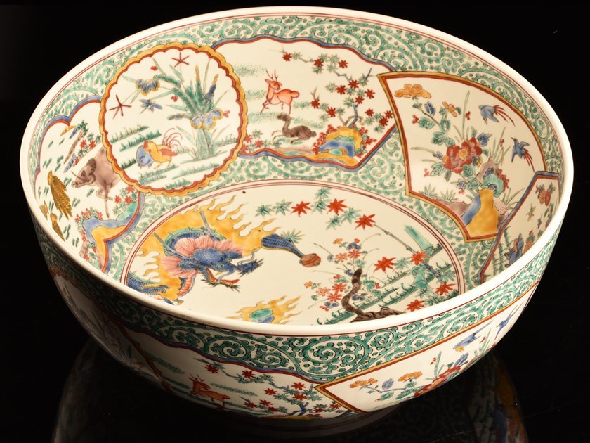 流】古美術品 古伊万里 柿右衛門様式 色絵龍虎図大鉢 幅40cm TG588
