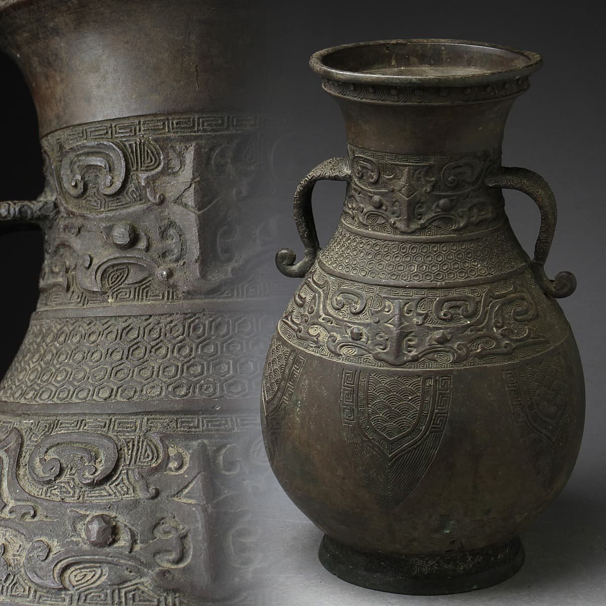 HW435 時代物銅饕餮紋双耳瓶・銅饕餮文双耳花瓶高29.3cm 重1.9kg・銅花 