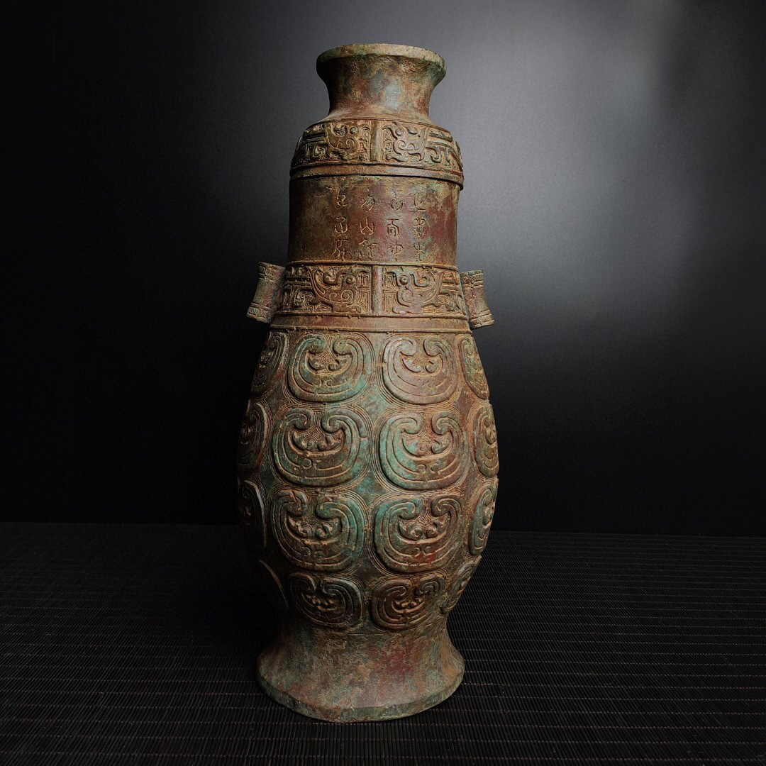 【仁】『戦・青銅器彫・云紋高瓶』極細工 古賞物 中国古玩 古美術