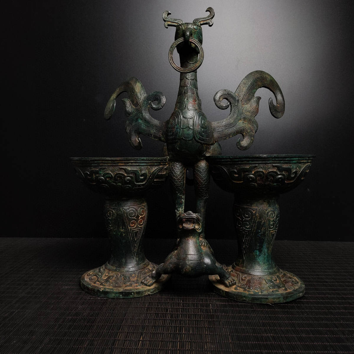 【仁】『戦・青銅器彫・朱雀杯』極細工 古賞物 中国古玩 古美術