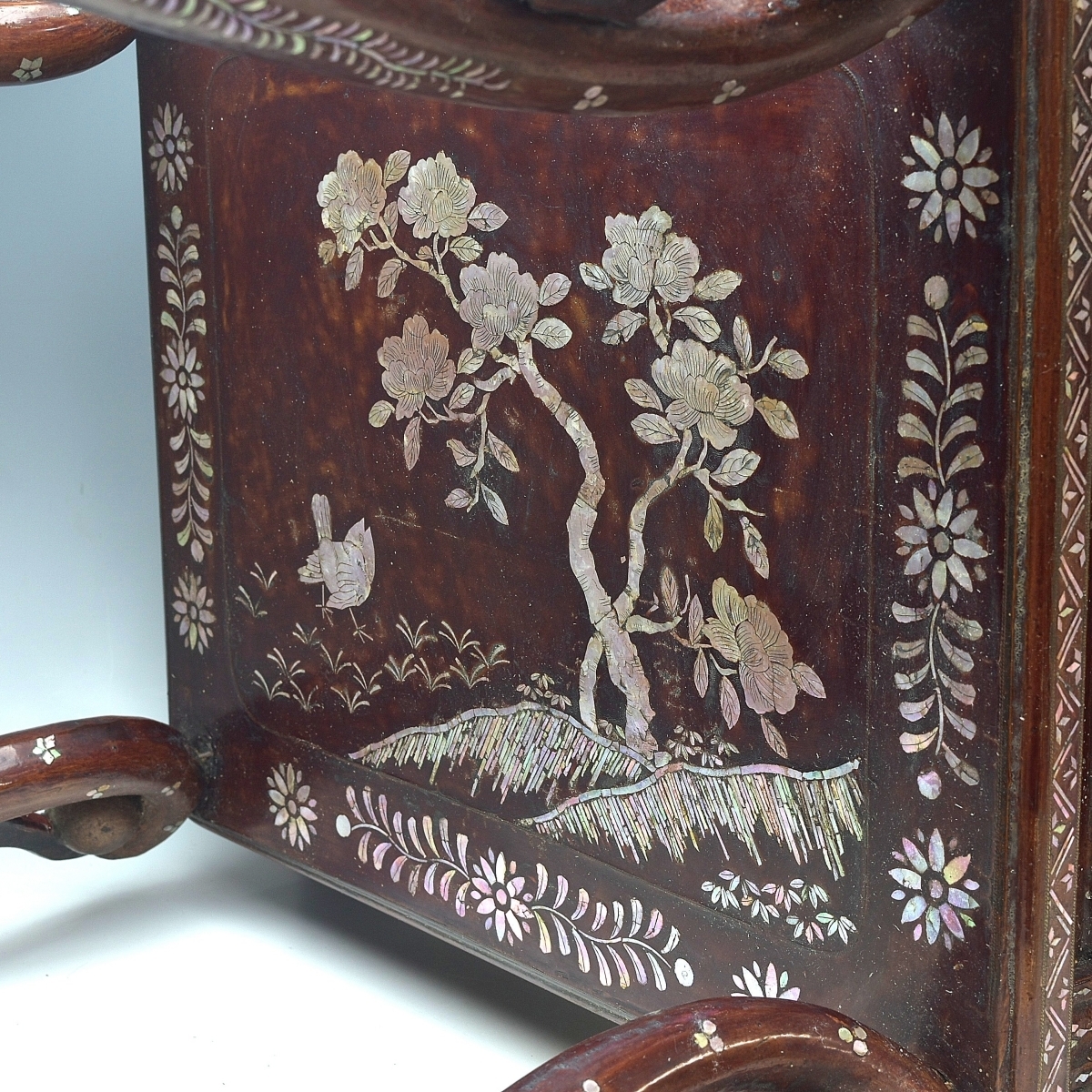 希少 中国古玩 時代 Ｑ１７６１ 細密青貝螺鈿象嵌花台 本物保証 卓 高