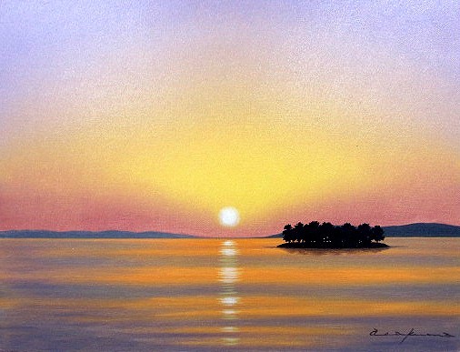 油彩画 洋画 (油絵額縁付きで納品対応可) F4 「朝焼けの海」 朝隈 敏彦-