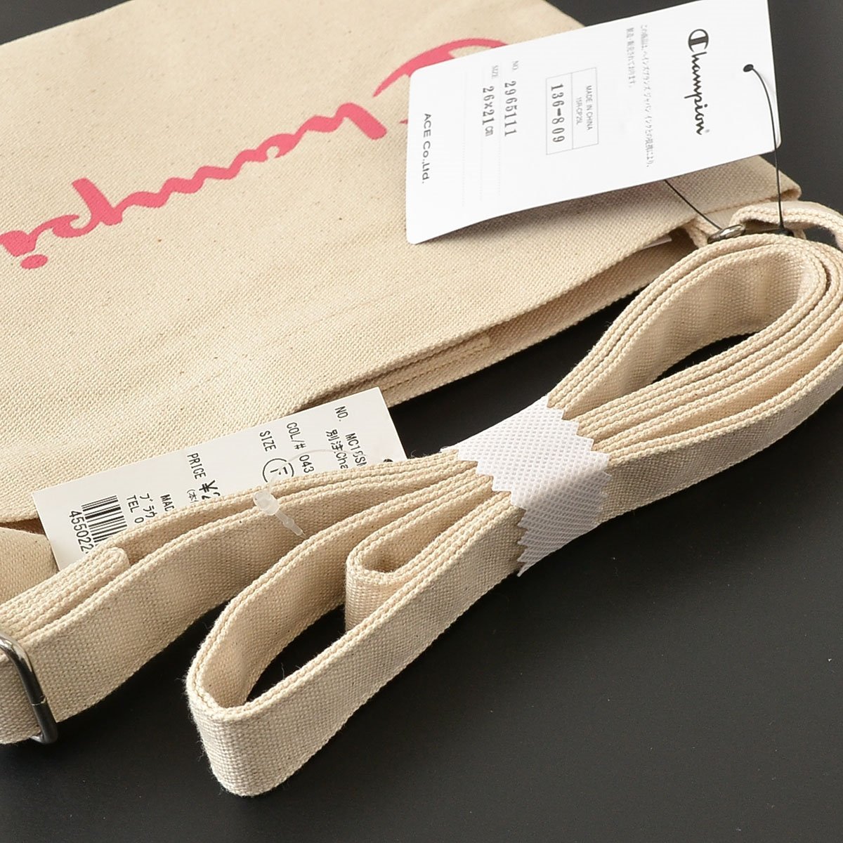 ^391147 unused goods Champion Champion sakoshu shoulder bag pochette MC18SM04-MG0005 size w26cm canvas white 