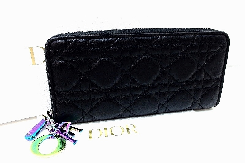 Christian Dior クリスチャンディオール レディディオール カナージュ ラウンドファスナー長財布 黒×ブルー系金具