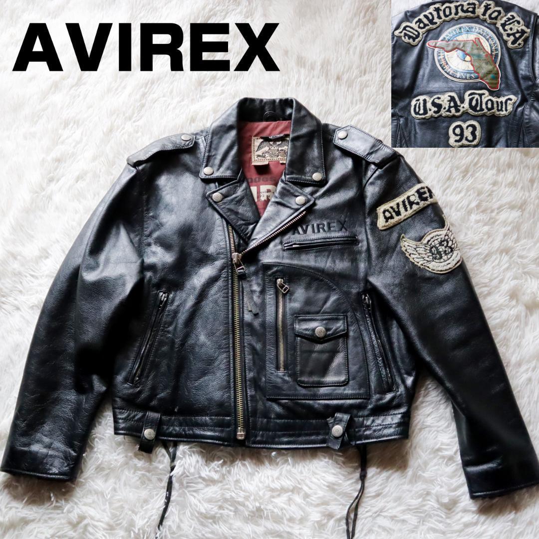 アヴィレックス AVIREX ダブルライダースジャケット バックロゴ ワッペン レザージャケット 牛革 Dポケットあり ヴィンテージ