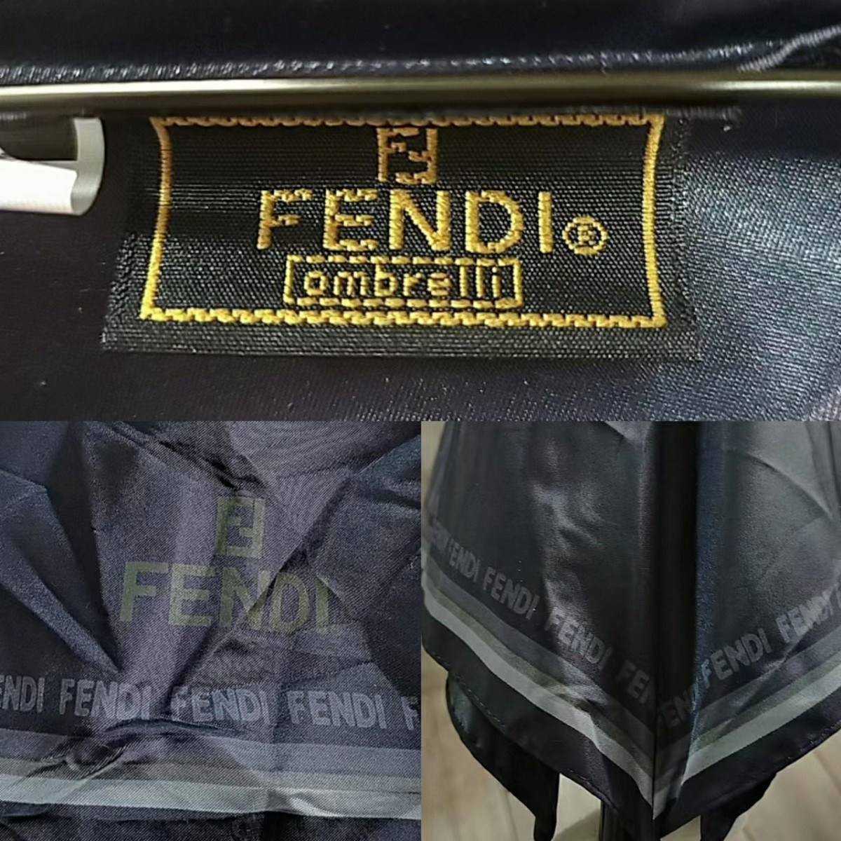 美品 フェンディ 晴雨兼用 日傘 折りたたみ 柄 ロゴ 紺 傘袋付き メンズ 折りたたみ傘 アンブレラ 日傘 晴雨兼用