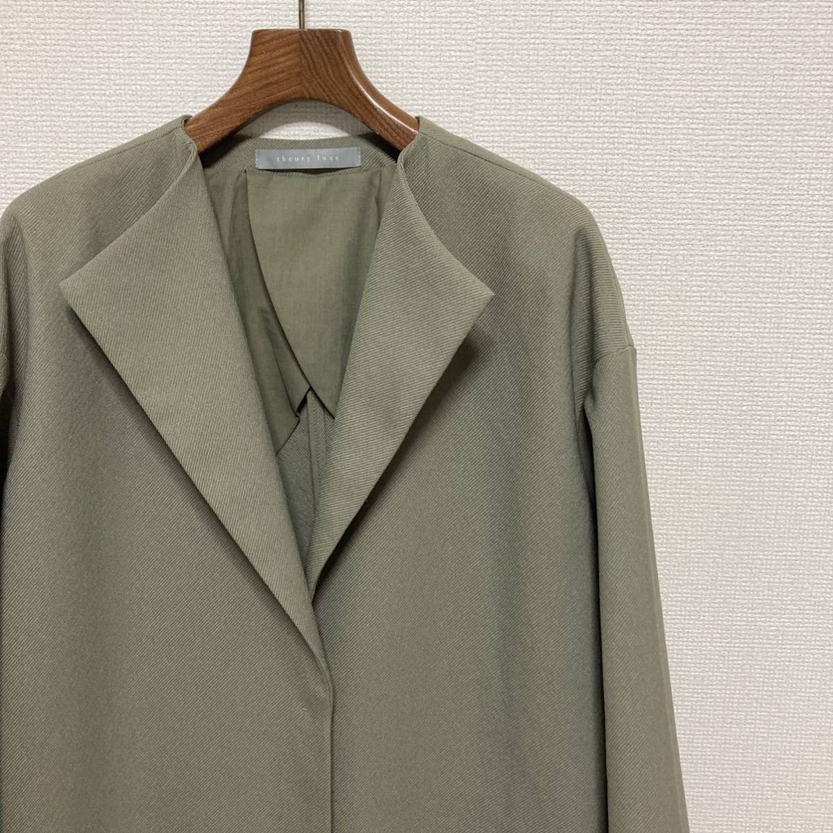 美品◆Theory luxe◆ドロップショルダー ノーカラーコート 38 M セージグリーン セオリーリュクス 定価97900円 TECHNO POLY CREPE LIMIA_画像4