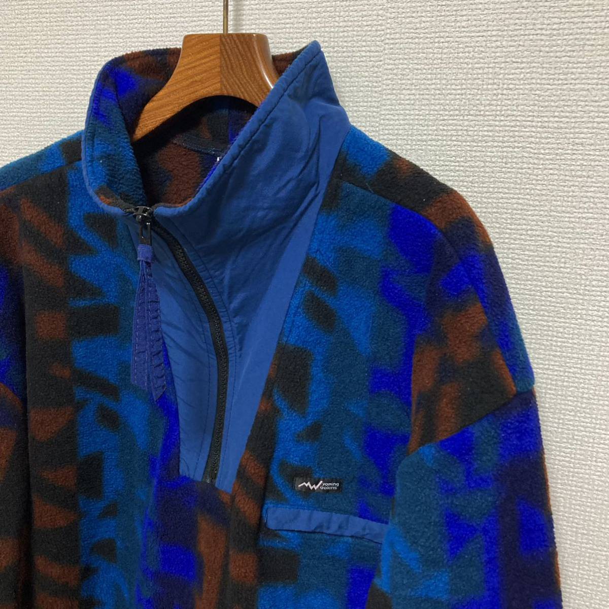 80s 90s USA製■WYOMING WOOLENS■ハーフジップ フリースジャケット XL ブルー ワイオミングウーレンズ 総柄 幾何学 オールド ヴィンテージ_画像3