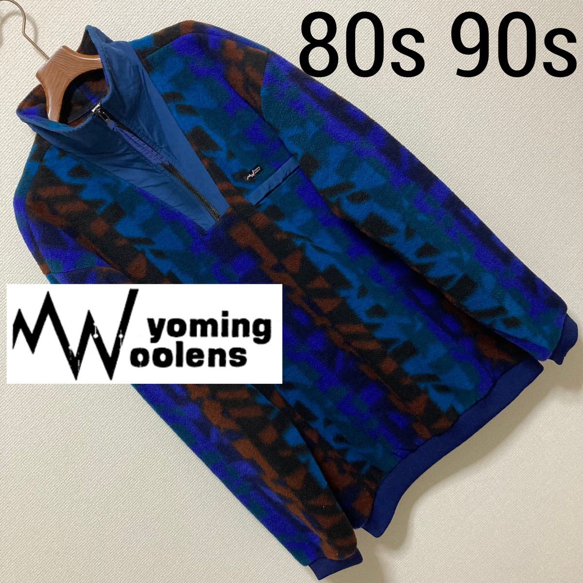 80s 90s USA製■WYOMING WOOLENS■ハーフジップ フリースジャケット XL ブルー ワイオミングウーレンズ 総柄 幾何学 オールド ヴィンテージ_画像1