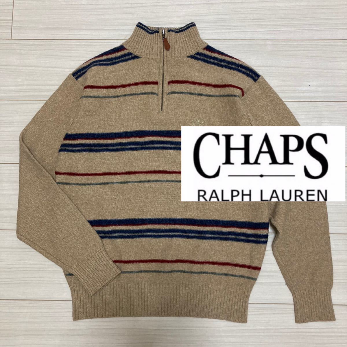 90s■CHAPS ラルフローレン■ハーフジップ ボーダー ニット セーター M ベージュ ネイビー 赤 モックネック ハイネック Ralph  Lauren