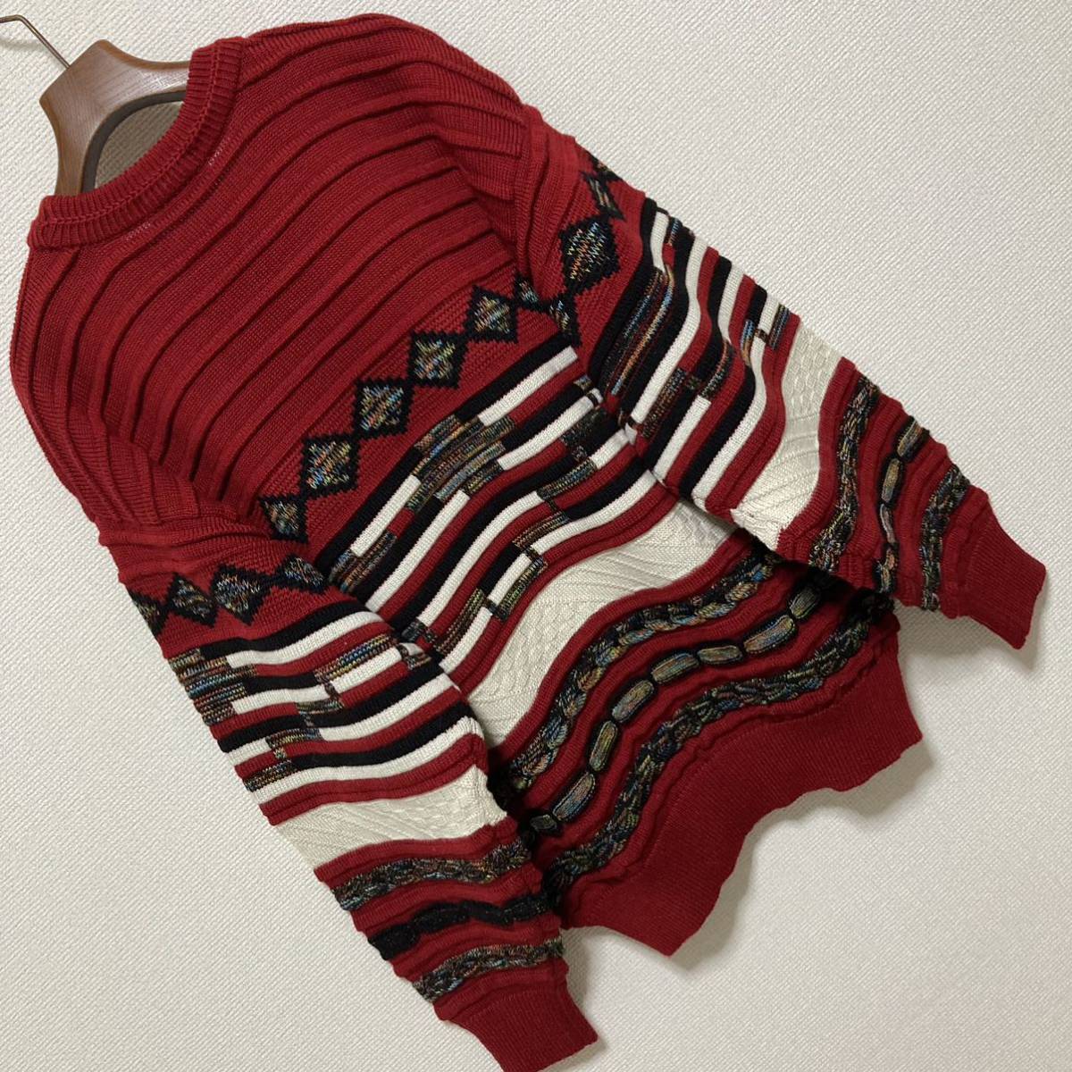90s 美品■CALBARI■3D 立体編み ニット セーター ボーダー L 赤 レッド 白 ブラック ミックス クルーネック プルオーバー