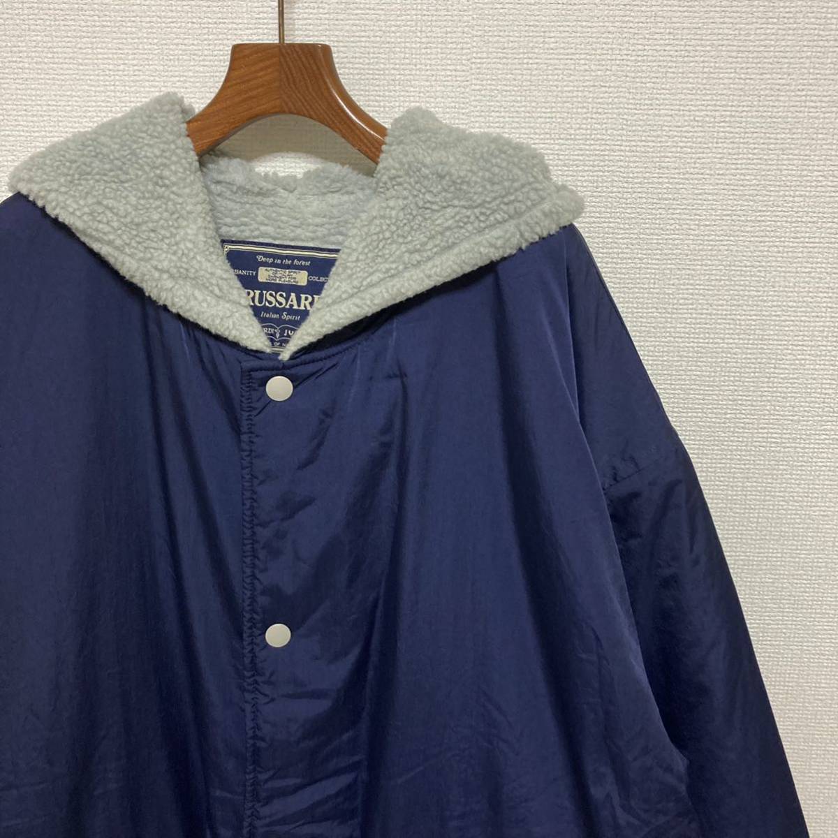 90s■TRUSSARDI トラサルディ ジュニア■ベンチコート 裏ボア ロング 170 メンズM相当 ネイビー ラウンドロゴ オールド ヴィンテージ