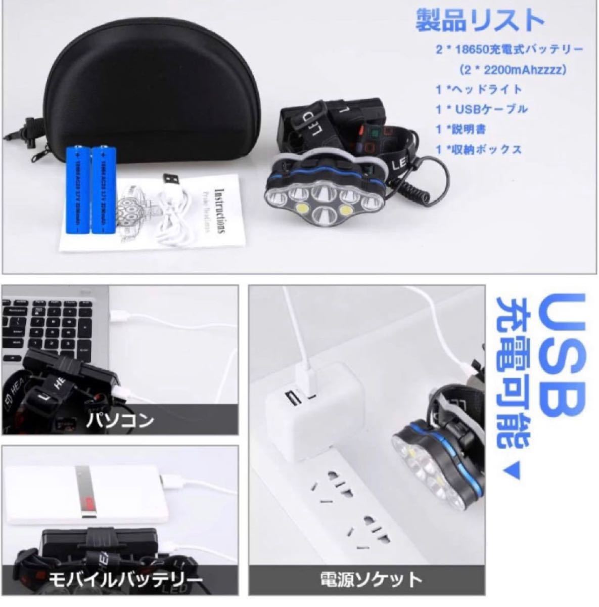 【新品未使用】 ヘッドライト 8LEDヘッドランプ usb充電式