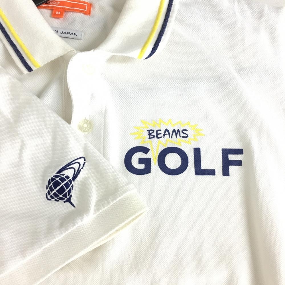 BEAMS GOLF ビームスゴルフ 半袖ポロシャツ 白×ネイビー プリント・刺しゅうロゴ メンズ M ゴルフウェア