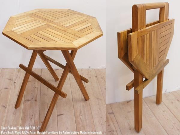チーク無垢材 折りたたみテーブルMW60cm 八角形 バリ家具 ベランダ チーク材 ガーデンテーブル カフェテーブル
