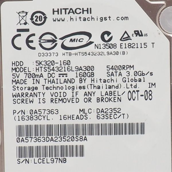 HITACHI HDD HTS543216L9A300 hard disk 160GB SATA 2.5 -inch tube 14785