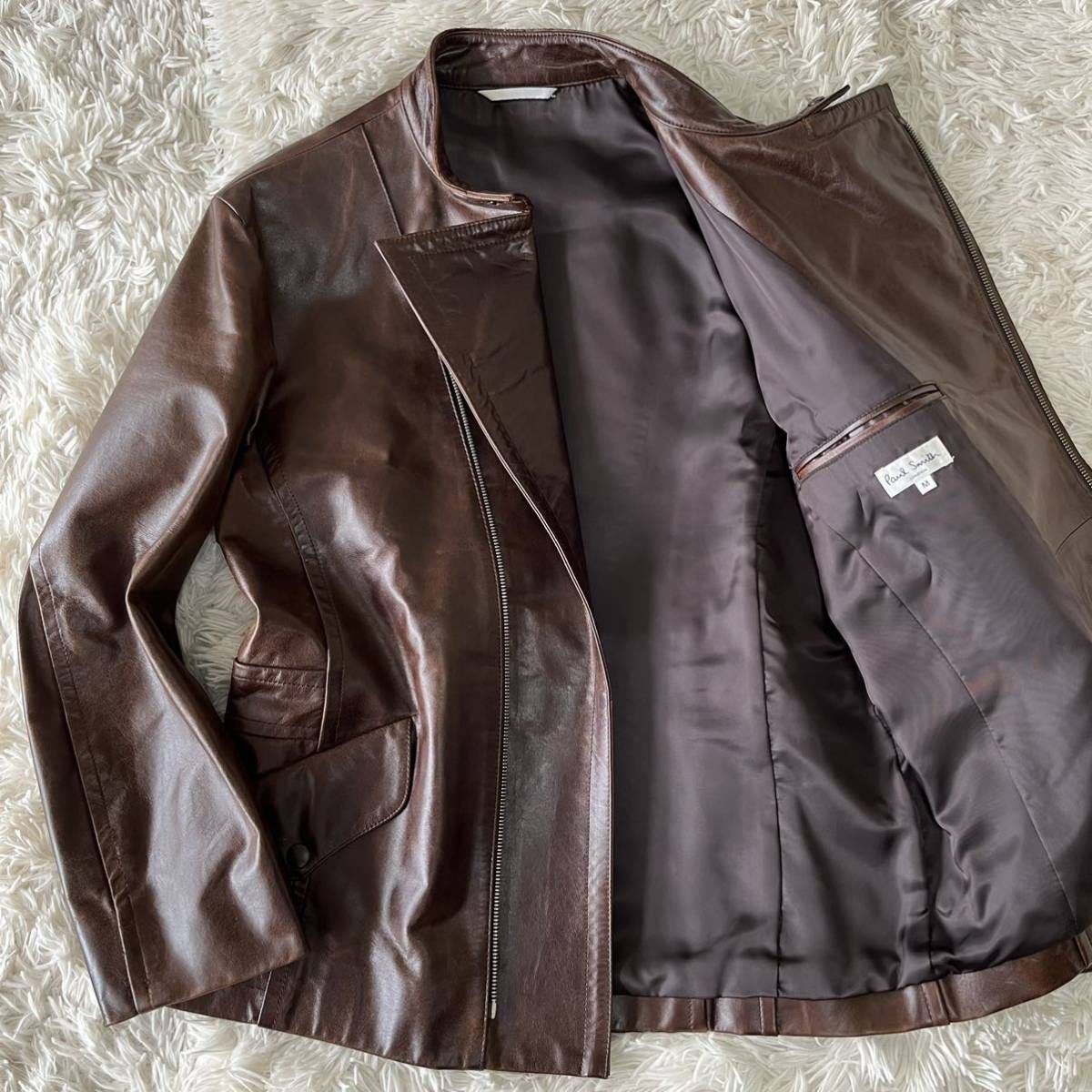 ポールスミス『圧倒的存在感』Paul Smith LONDON ホースレザー ライダースジャケット ブルゾン 革ジャン 馬革 メンズ Mサイズ 茶 ブラウン