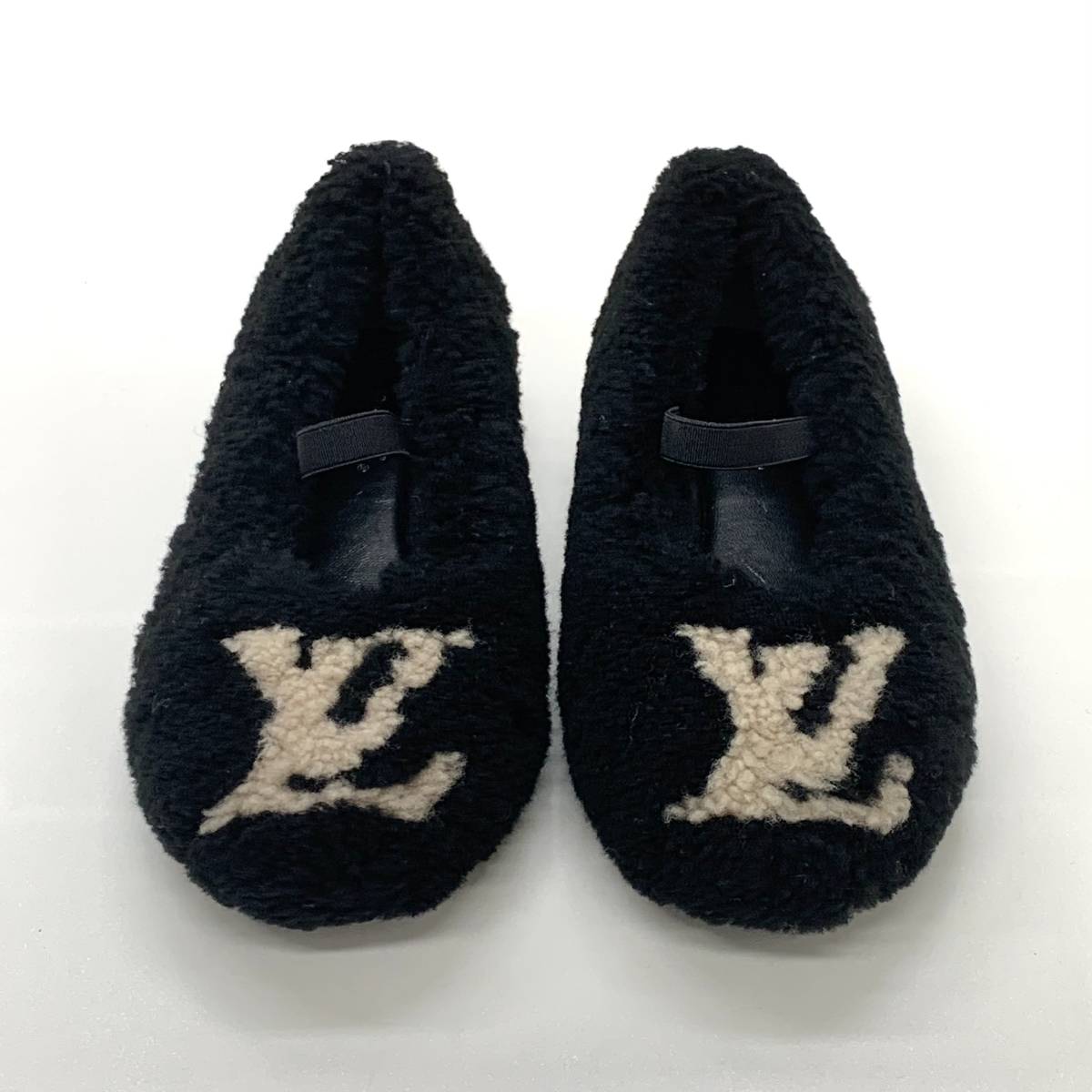 未使用 ヴィトン ポピライン ボア ムートン LV バレエシューズ ブラック-