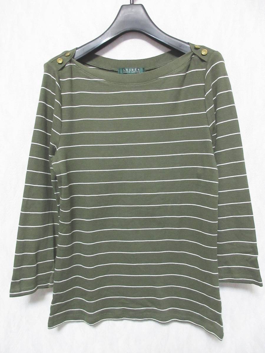 LAUREN ラルフローレン RALPH LAUREN ボーダー カットソー Tシャツ カーキ M yg1760_画像1