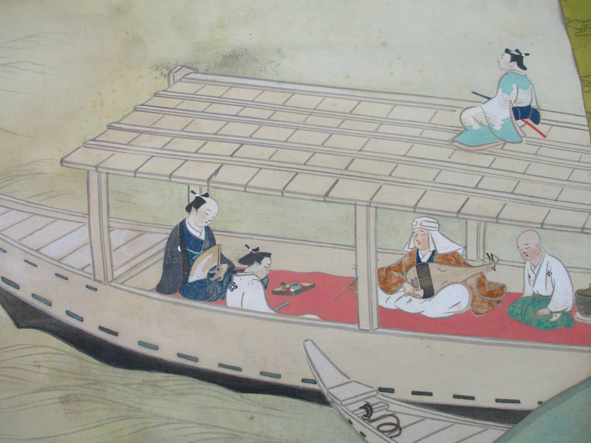 掛軸 絹本 肉筆 小舟 人物 浮世絵 江戸 明治 中国 風景 楽器 掛軸 絹本 肉筆 小舟 人物 浮世絵 江戸 明治 中国 風景 楽器