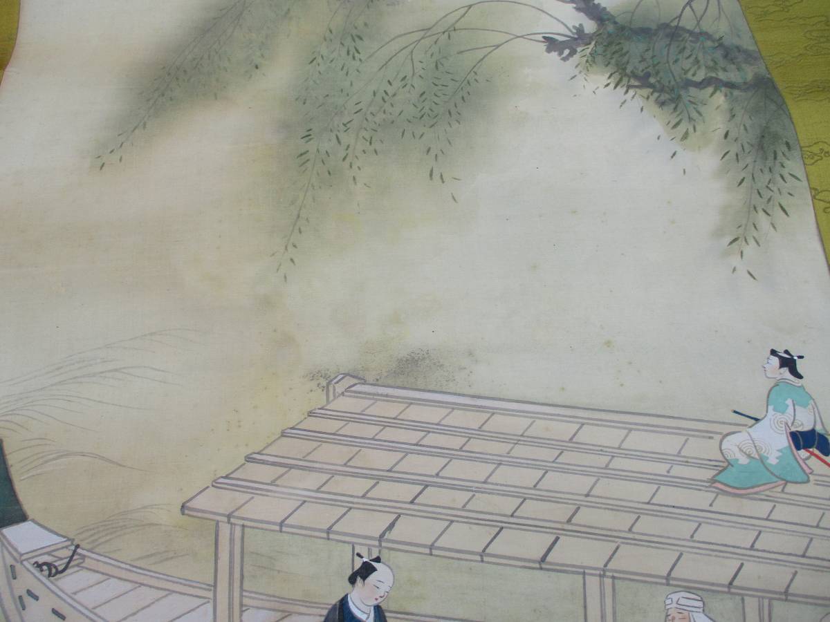 掛軸 絹本 肉筆 小舟 人物 浮世絵 江戸 明治 中国 風景 楽器 掛軸 絹本 肉筆 小舟 人物 浮世絵 江戸 明治 中国 風景 楽器
