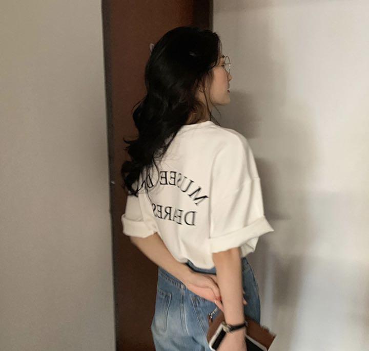 レディース トップス 夏服 半袖Tシャツ 韓国ファッション 英字ロゴ Lホワイト_画像4