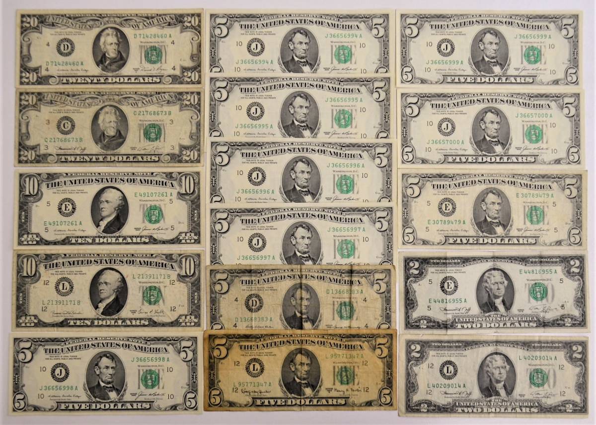 6 外国紙幣 アメリカ USA アメリカドル Dollar $ 20 10 5 2 USD 計114ドル 16枚セット まとめ 外貨 古紙幣 紙幣 古銭 旧札 希少 貴重 レア