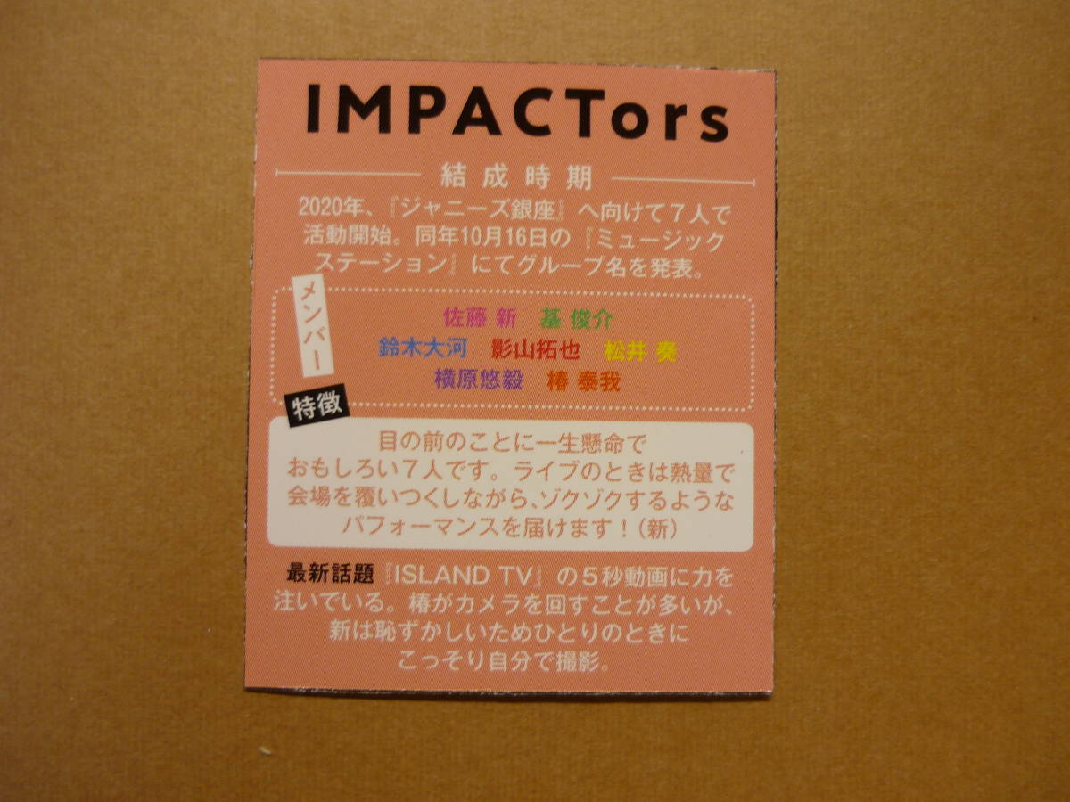 ジャニーズJr IMPACTors 2022年 Myojo 明星 データカード デタカ 1枚 佐藤新 基俊介 影山拓也 松井奏 横原悠毅 鈴木大河 椿泰我_画像2