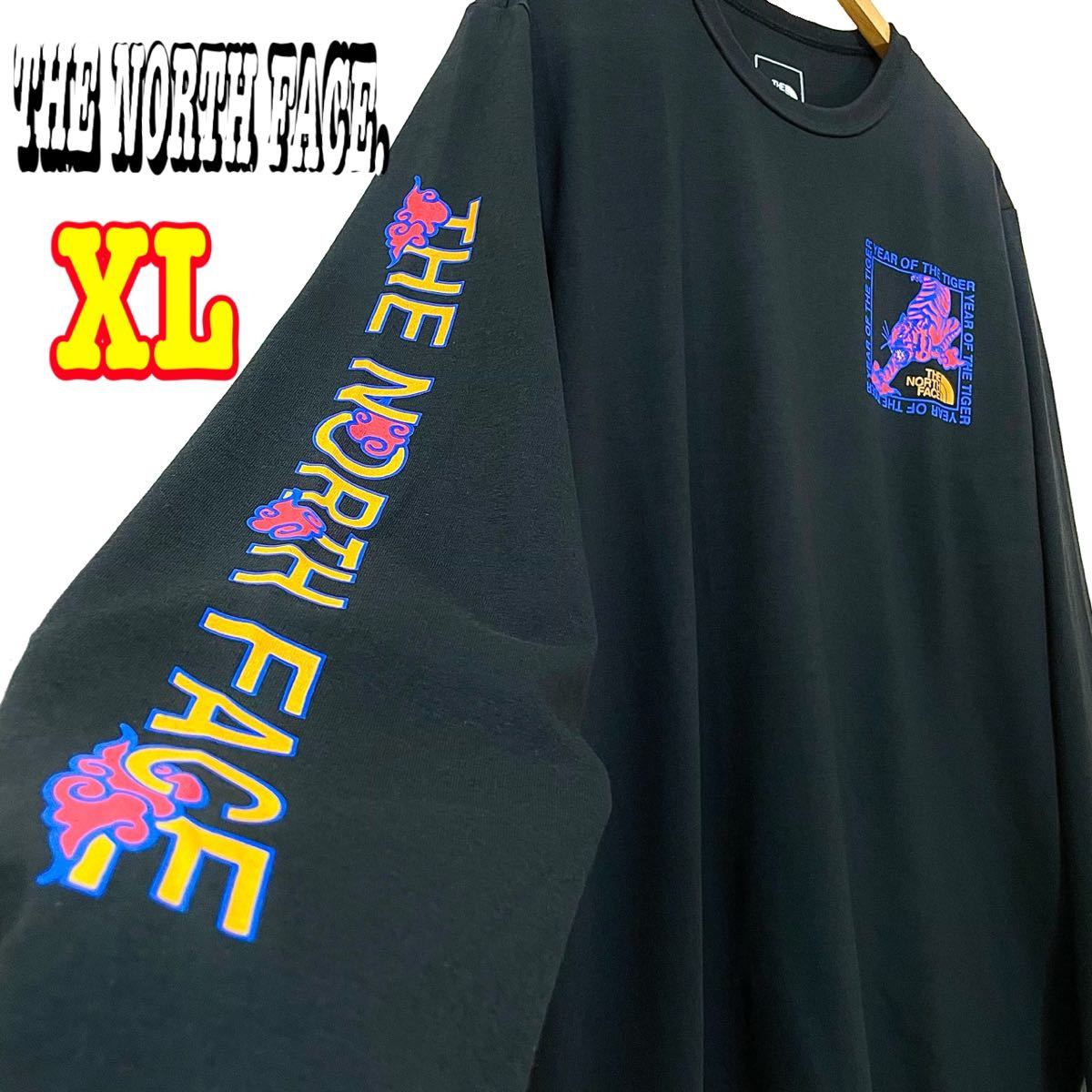 虎 ☆ 新品 ノースフェイス NY ロンT XL LL 黒 最新 厚生地 レア 日本未発売 虎 立体プリント 海外限定 アームロゴ