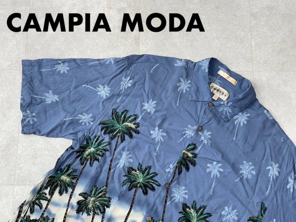 ☆送料無料☆ CAMPIA MODA USA直輸入 古着 総柄 ヤシの木柄 レーヨン シャツ メンズ L トップス 中古 即決_画像1