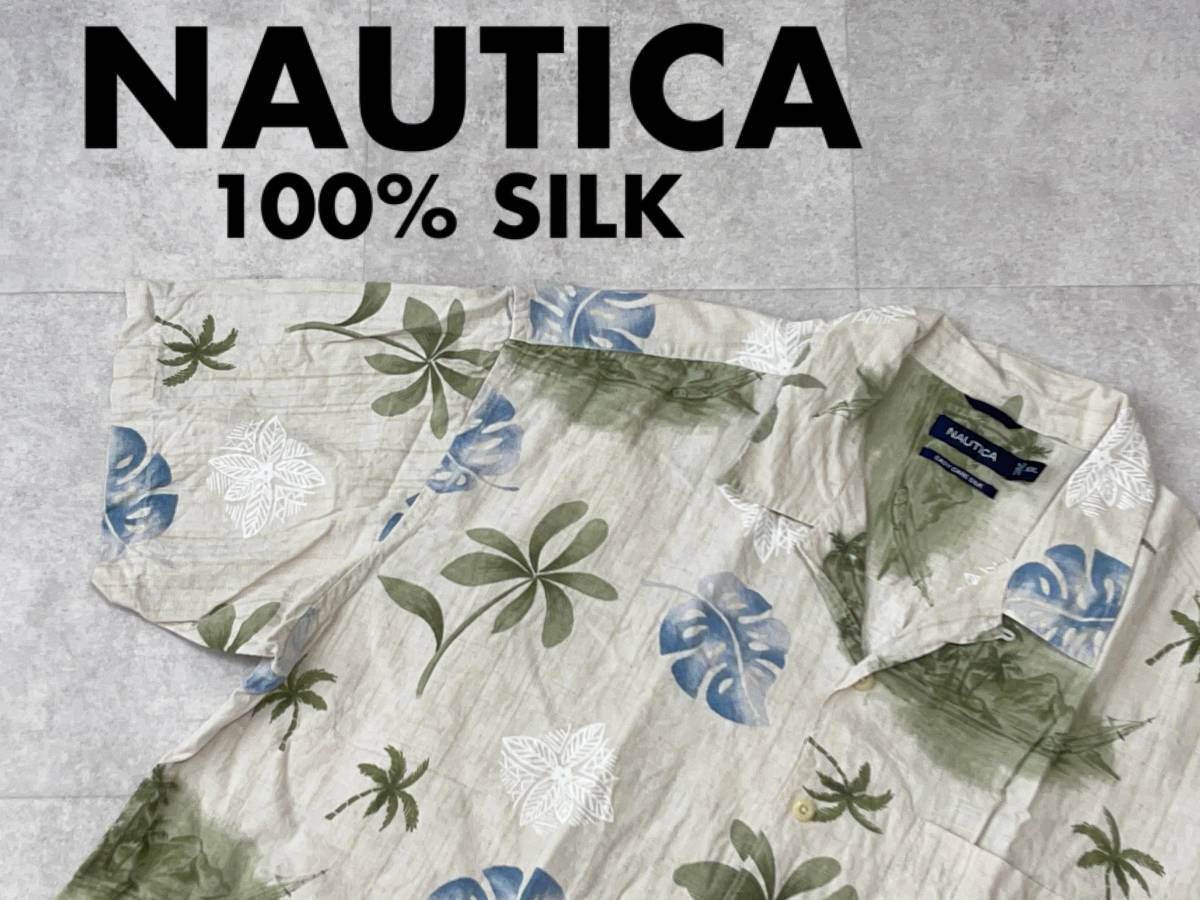 ☆送料無料☆ NAUTICA ノーティカ USA直輸入 古着 リーフ柄 シルク アロハシャツ メンズ XXL トップス 中古 即決