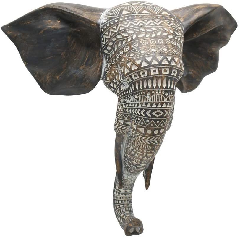 アフリカゾウの胸像 壁彫刻 高さ 約28ｃｍ 彫刻が施された高貴な象 ハンギング壁装飾アート木製風仕上げ（輸入品