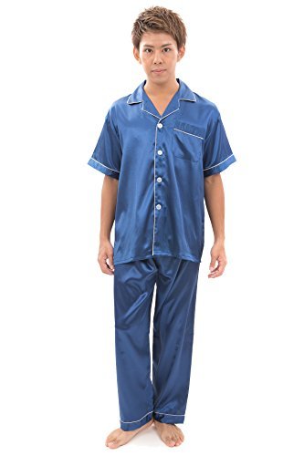 新発売の 人工シルク 夏 半袖 メンズ パジャマ シルク [ギフツオブブリリアンス] (XL, PJ_1434 ブルー) パジャマ