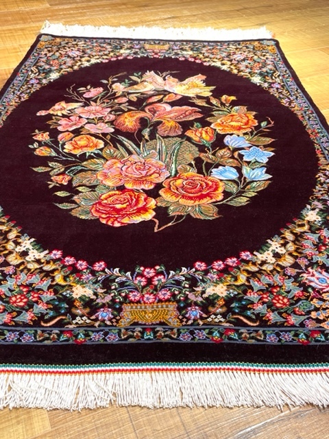 ペルシャ絨毯手織りウール&シルク・希少逸品絨毯・イラン・ラグ・クムデザイン　80cm×120cm qom11_画像4
