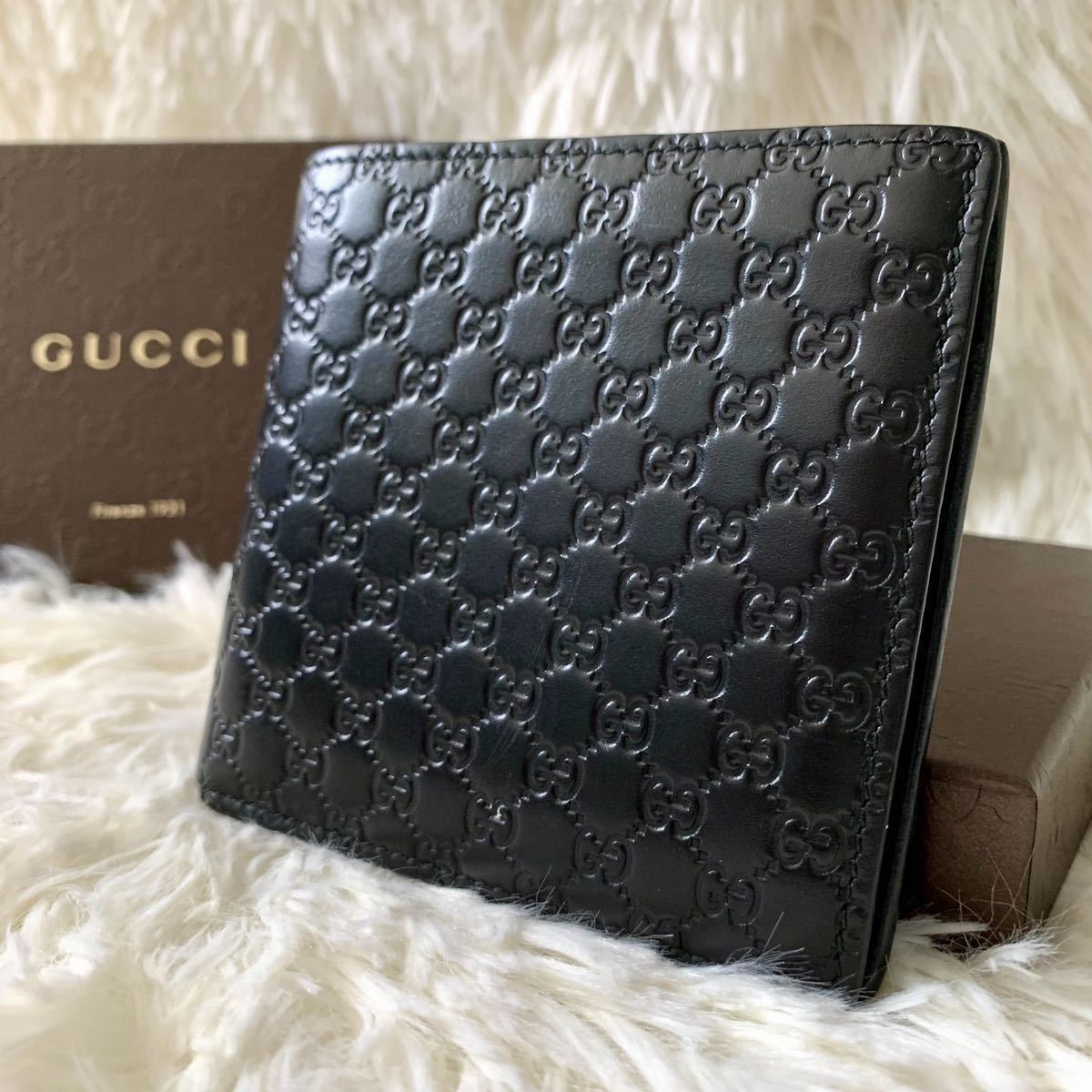 1円《付属品あり極美品》GUCCI 折り財布 マイクロシマレザー ブラック