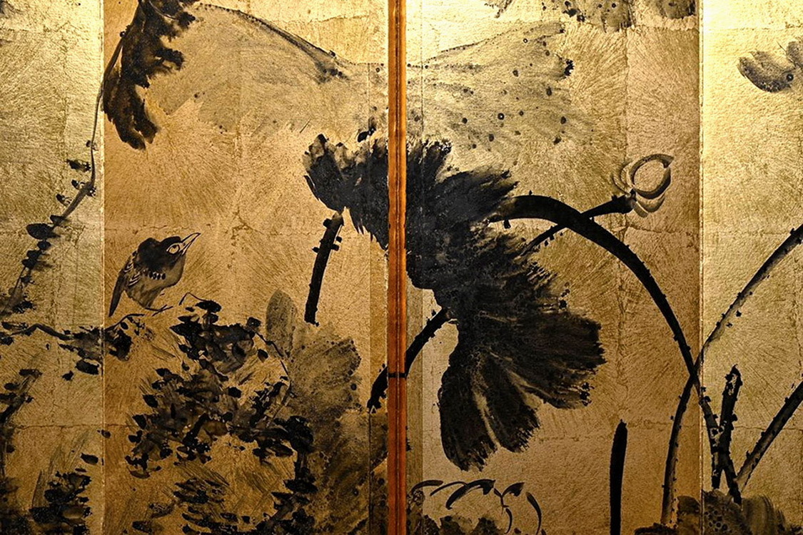 ☆BW434古書道 『八大山人・花卉飛禽図』金箔紙本 屏風 水墨中国画