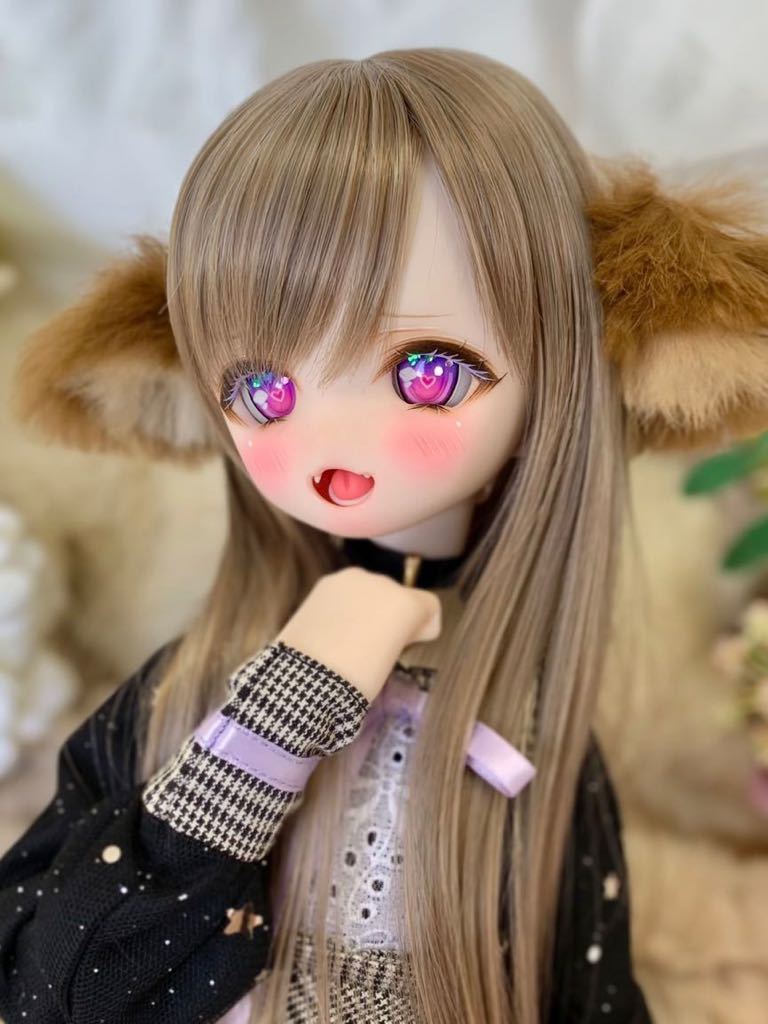 ＊luceluce＊ DDH-01 セミホワイト肌 カスタムヘッド＋舌パーツ＋レジンアイ＋ケモミミ＋チョーカー ソフビ盛りにつき難あり_画像3